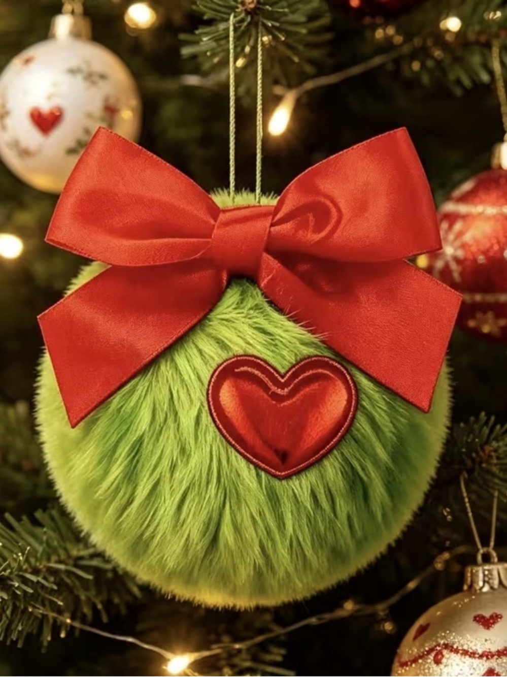 9 Christmas Plush Green Ornament with Red Bow and Heart – Holiday Home Decor - Picture 5 of 7